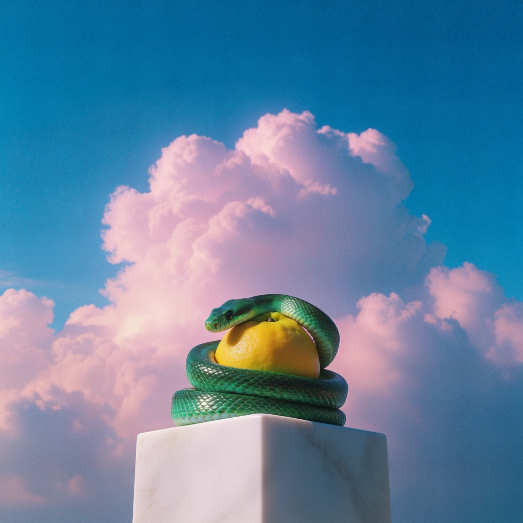 surrealist composition, heavy film grain, lo-fi analog texture, minimalist aesthetic, vibrant cyan blue sky, voluminous soft pink and lilac cumulus clouds, an isolated white marble pedestal, a glistening emerald snake coiled tightly around a bright yellow citrus fruit, soft diffused sunlight, dreamcore vibes, vaporwave pastel color palette, high contrast lighting, 35mm film stock appearance, expansive negative space, ethereal and cinematic atmosphere