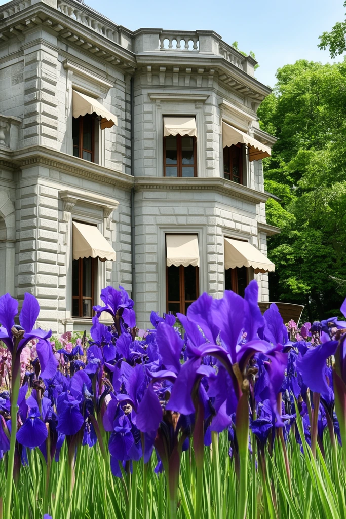 Vibrant purple irises in sharp foreground, light grey rusticated stone mansion background, dark wood windows, beige scalloped awnings, lush trees, bright daylight