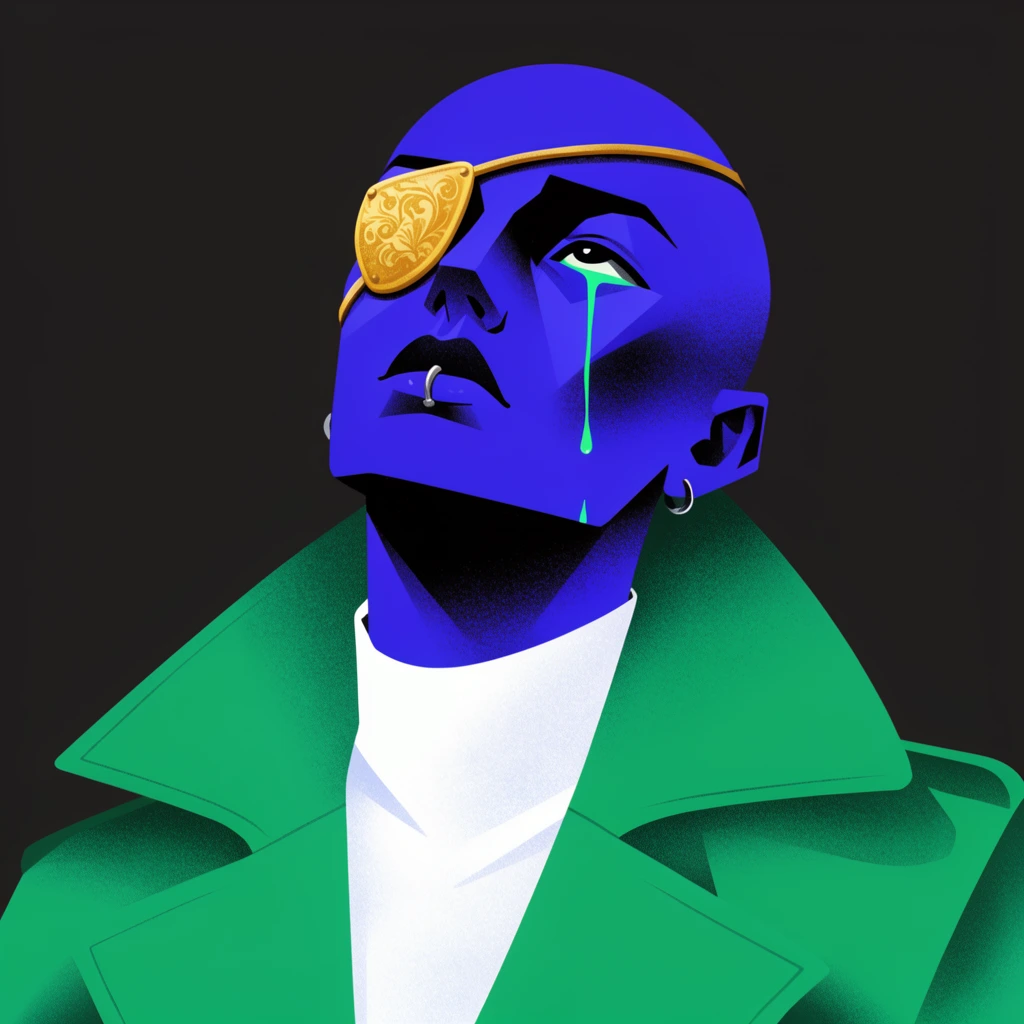 A striking graphic pop-art portrait of a bald, angular figure tilting their head upward against a stark charcoal background. The subject's skin is rendered in vibrant ultramarine blue with dense, stippled black shadows. They wear a bright emerald green trench coat over a white turtleneck, accented by an ornate golden eyepatch and a silver lip ring. Glowing neon green tears trail down one cheek. The illustration utilizes bold, flat color blocking and textured grainy gradients to create a dramatic, surreal atmosphere.