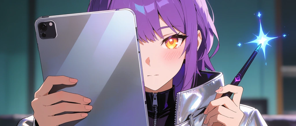 A young anime-style woman with bright purple hair, glowing amber eyes, and a sleek silver jacket holds up a metallic tablet in her left hand. A soft blush marks her cheek. Her right hand wields a dark, wand-like stylus near her shoulder, emitting a stylized, floating blue spark from its tip. The composition is cropped tightly on the right side of her face, rendered in 2D animation style with soft lighting. A blurred, shallow depth-of-field background features muted teal interior tones.