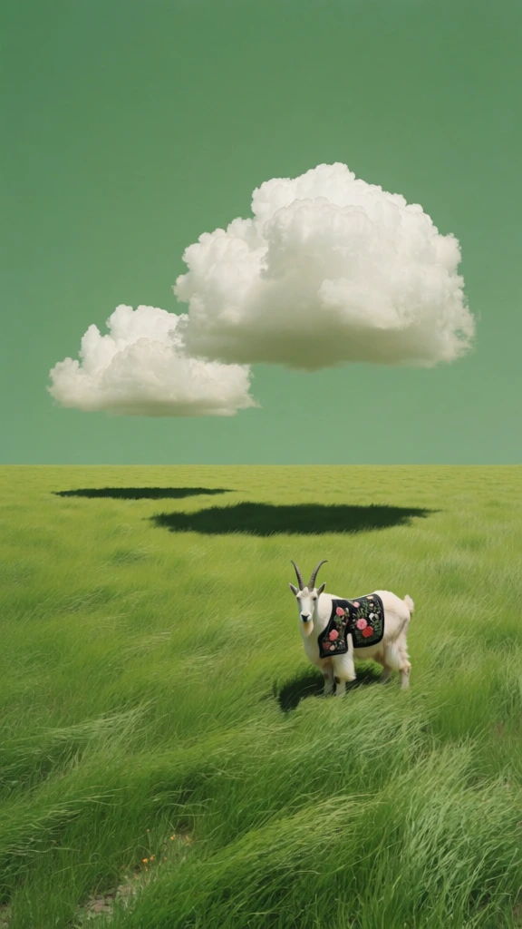 surrealist minimalism, vast meadow of windswept vibrant green grass, flat muted green sky, floating puffy volumetric white clouds casting deep sharp shadows on the field, a lone mountain goat standing proudly wearing a dark vest with intricate colorful floral embroidery, clean geometric composition, whimsical dreamlike atmosphere, soft natural lighting, hyper-realistic textures, cgi aesthetic with cinematic depth, low horizon line, vast scale, serene and otherworldly.
