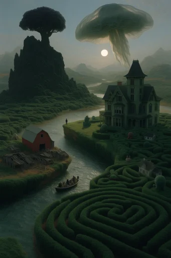 Surrealist Topiary Labyrinths style reference image — lush mossy textures