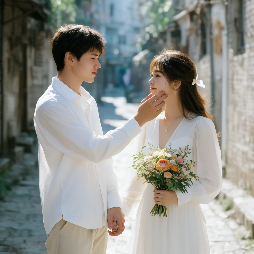 young couple holding hands in sunlit alley, man touching woman's face, woman in white dress with bouquet, shallow depth of field, bright daylight