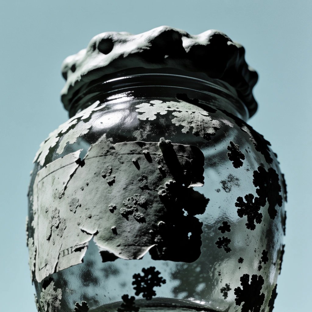 low-angle worm’s-eye view of a weathered glass honey jar with a gnarled lid and crumbling paper label, silhouetted against a flat monochromatic duck-egg blue sky, extreme high-contrast lighting with harsh directional shadows, textures are hyper-tactile and rugged with lichen-like crusting on the glass, palette restricted to desaturated slate-greys and cool cyan, sharp focus on intricate surface pitting and irregular organic silhouettes, fine film grain, graphic negative space.