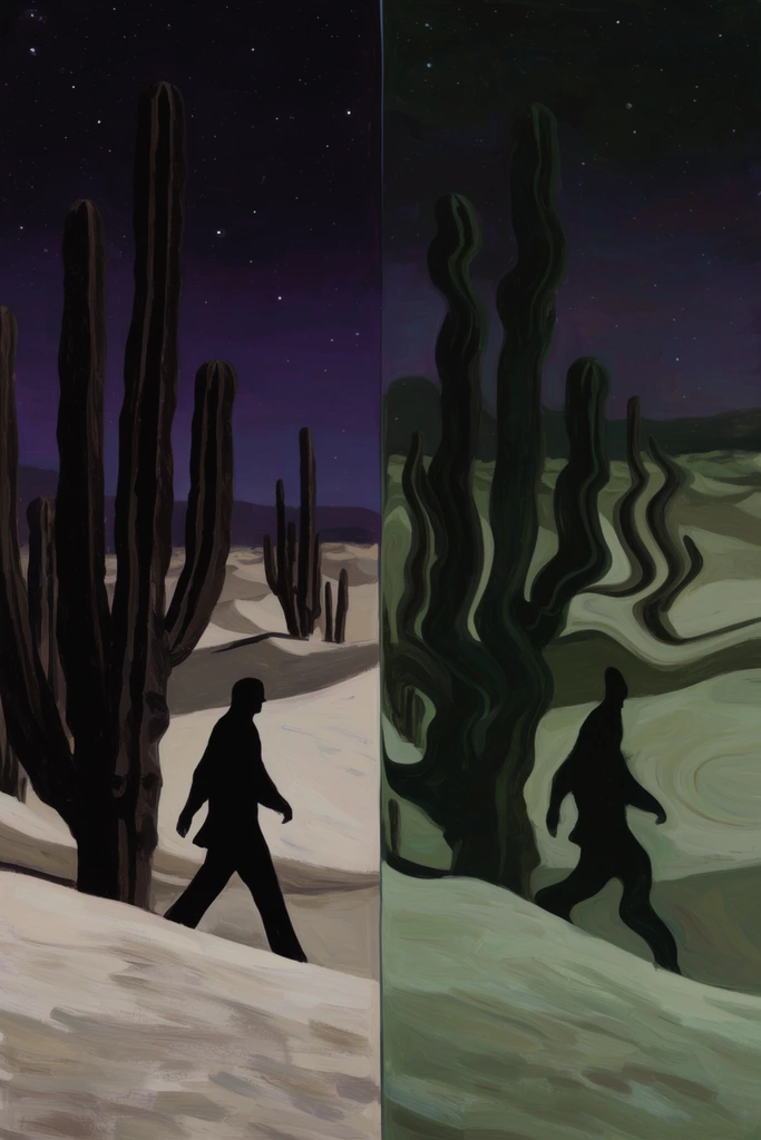 A split-screen diptych painting contrasting a stark desert nightscape with a wavy, distorted version of the identical scene. On the left side of a sharp vertical dividing line, a solid black silhouette of a lone figure strides across pale dunes among towering, dark brown cacti under a deep, starry twilight sky. On the right, the landscape becomes an undulating, liquid-like mirage, warping the cacti into fluid, translucent dark green forms against a skewed horizon. Rendered with thick, expressive brushstrokes in a moody palette of deep purples, murky greens, stark black, and pale off-white, the artwork creates a striking visual dichotomy between rigid forms and a melting, hallucinatory environment.
