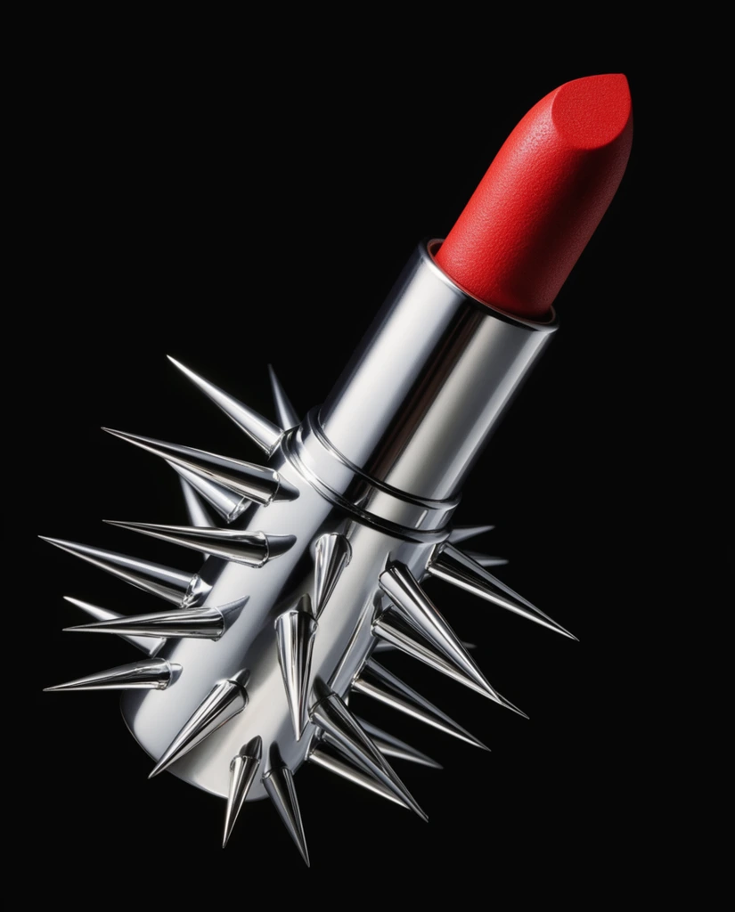 metallic silver lipstick tube covered in long sharp spikes, floating diagonally against a pitch black background, vibrant red textured lipstick bullet extending from the top, high-gloss reflective chrome finish, dramatic studio lighting highlighting menacing thorns and smooth metallic surfaces, macro photography, edgy luxury cosmetic concept, sharp focus, stark contrast