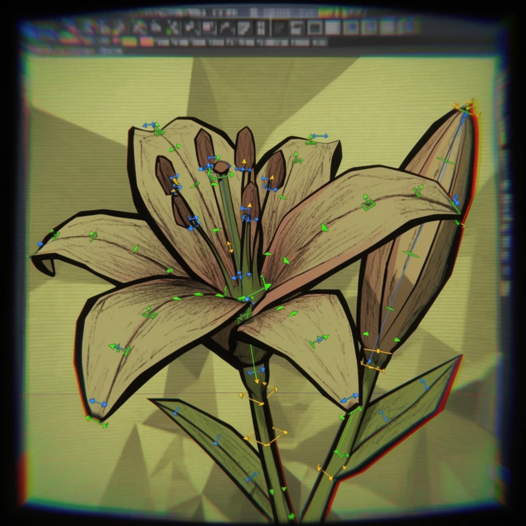 A cel-shaded 3D model of a blooming lily and an adjacent closed lily bud rendered within a retro animation software viewport, viewed through a heavily distorted CRT monitor lens. The botanical subjects feature thick, bold black outlines, flat illustrative shading, and surface textures marked by prominent, sketchy pencil-like crosshatching. Scattered across the broad flower petals, the tight bud, and the angular stems are bright neon green, blue, and yellow 3D rigging gizmos, consisting of tiny directional translation arrows and rotation nodes. A pixelated, dark software interface toolbar spans the top horizontal edge of the frame. The composition is bathed in a muted, sickly yellow-green phosphor tint set against a background of flat, low-poly abstract geometric shapes. The entire image is characterized by aggressive screen artifacts, including thick horizontal scanlines, pronounced RGB chromatic aberration creating severe red and blue color fringing along the contours, and sharp convex barrel distortion curving the black vertical borders of the screen.