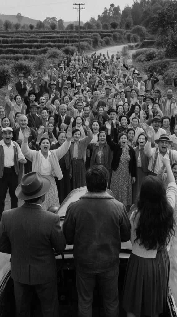 black and white cinematic still, foreground figures seen from behind standing on a moving vehicle, shouting man in a fedora, man in a thick jacket, woman with long dark hair, facing a large joyous crowd cheering and waving arms on a rural dirt road, dense midground of smiling townspeople in mixed mid-century clothing, background with tiered bushes and a telephone pole, deep depth of field, wide aspect ratio, film grain, high contrast