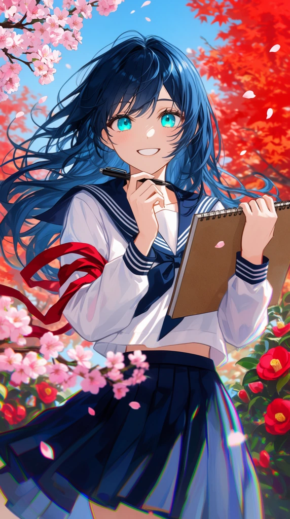 smiling anime girl with flowing dark blue hair and luminous cyan eyes, wearing a white and navy blue sailor school uniform, holding a brown sketchbook and resting a black pen near her chin, red ribbon wrapped loosely around her right arm, dynamic windblown hair and pleated skirt, foreground branches of pink cherry blossoms, background featuring bright red autumn leaves and camellias against a clear blue sky, scattered pink petals floating in the breeze, bright sunlit atmosphere, vibrant digital illustration, slight chromatic aberration effect on the skirt edges