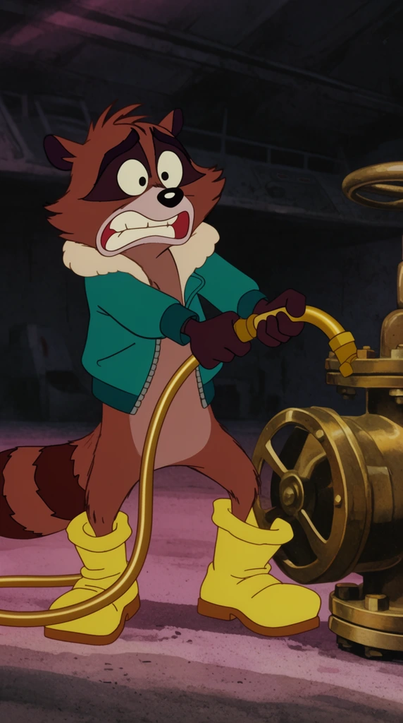 frantic anthropomorphic raccoon straining backward, vintage 2D animation style, wearing a teal aviator jacket and oversized yellow boots, panicked face with gritted teeth, struggling to pull a thick golden vacuum tube attached to a heavy giant brass valve on the ground, dark cavernous hangar background, subtle magenta lighting, classic cel shaded cartoon aesthetic, flat vibrant colors
