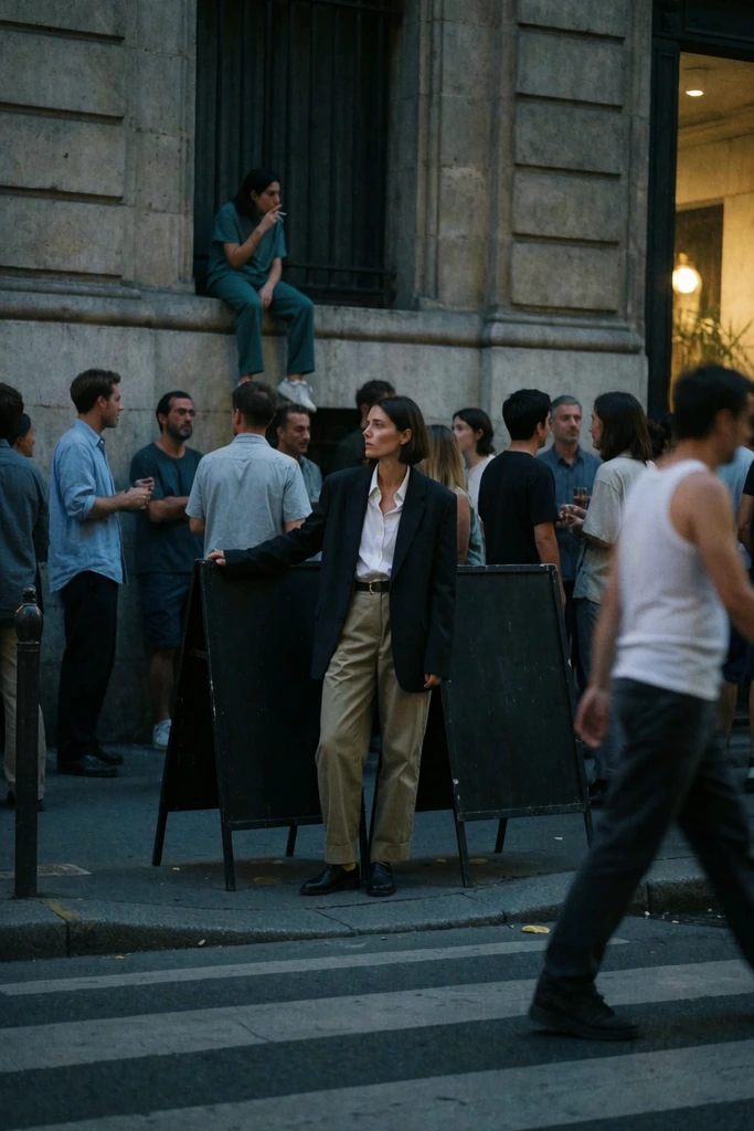 A woman in an oversized dark blazer, white shirt, and khaki trousers stands at a dim evening street corner leaning against rectangular black signboards. She gazes off-camera to the left amid a casually dressed crowd gathered near a stone building. Background figures include a man in a blue shirt, someone smoking on a ledge in teal, and a pedestrian in a white tank top crossing a striped road. The cinematic widescreen shot features cool ambient lighting and prominent film grain.