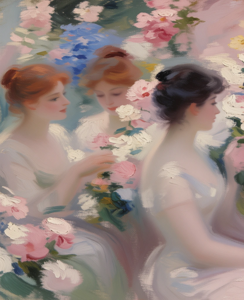 three women among flowers, impressionist oil painting, pastel palette, textured brushstrokes, dreamy elegant vibe