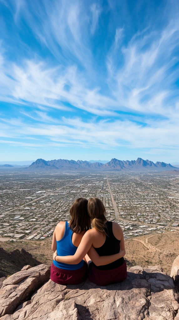 two women sitting on a rocky cliff edge facing away, arms wrapped around each other, wearing blue and black tank tops with maroon shorts, overlooking a vast desert city grid, distant jagged mountains, expansive blue sky with sweeping wispy clouds, bright daylight, high vantage point, wide angle photography