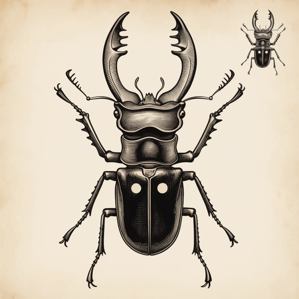 A highly detailed, black-ink engraving of a stag beetle on aged pale cream parchment. The symmetrical insect dominates the center, featuring massive curved mandibles, a segmented exoskeleton, and spiky articulated legs. Volumetric shading is rendered through precise, high-contrast parallel hatching reminiscent of classical woodcut prints. The dark, rounded abdomen displays two stark white circular highlights. A smaller, identical beetle is positioned in the upper right quadrant, completing the graphic, vintage scientific illustration aesthetic.