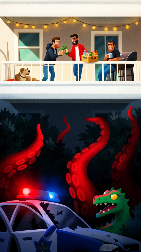 A split-composition illustration contrasting a brightly lit balcony with a dark, monster-infested street below. Three stylized cartoon men socialize on the white balcony. One in a hoodie clinks a bottle with a man in a red jacket holding a drink crate, while a third sits with a mug. A dog rests near string lights and a grill. Below, shadowy foliage conceals giant, glowing red tentacles reaching upward. A reptilian creature lurks beside a smashed police car with flashing sirens. The artwork features a grainy texture, juxtaposing a casual hangout with impending doom using stark lighting.
