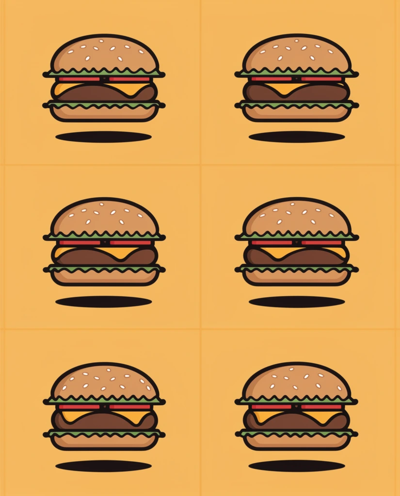 six floating hamburgers in a two by three grid, flat vector illustration style, thick black outlines, solid color fills, sesame seed buns, brown patties, melted yellow cheese, jagged green lettuce, red tomato slices, single and double decker variations, each burger hovering above a dark elliptical drop shadow, warm mustard yellow background divided by subtle grid lines, minimalist food iconography, clean symmetrical layout
