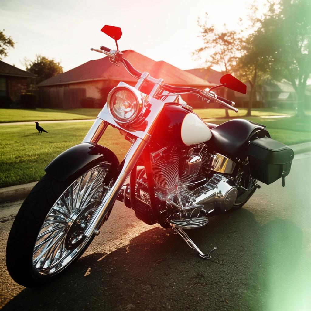 A black and chrome heavy cruiser motorcycle rests on its kickstand on a paved suburban street. Captured from a low, wide-angle perspective, the bike features a large front wheel with intricate chrome spokes, a round headlight, wide handlebars with angular red mirrors, a teardrop gas tank with a white accent, a massive gleaming chrome engine, and black leather saddlebags. The background reveals manicured green lawns where a small black bird stands, pitched-roof houses, and scattered trees. Intense, warm sunlight washes over the scene, creating a prominent red lens flare across the motorcycle and a hazy greenish light leak along the right edge, producing a high-contrast, cinematic atmosphere.
