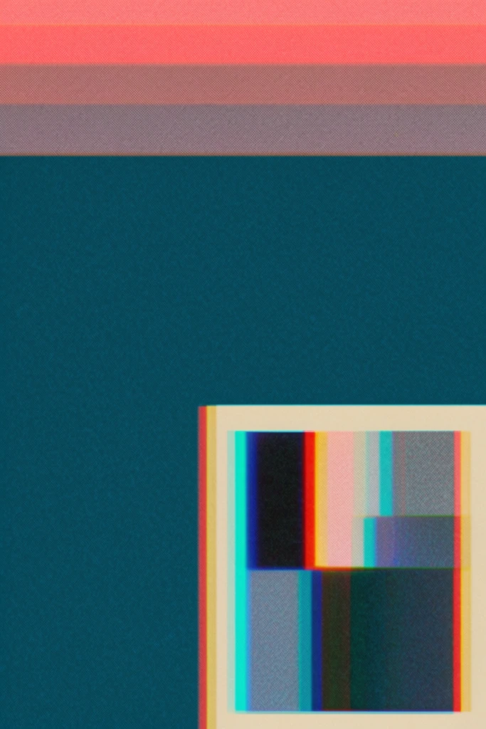 A minimalist, retro-futuristic graphic composition dominated by a massive field of deep teal. Above the teal, horizontal bands of vibrant coral pink and muted mauve stretch across the top edge. In the lower right quadrant, a cream-colored rectangular border encloses a stark arrangement of fragmented, geometric color blocks displaying intense chromatic aberration with glowing cyan and red fringing. The entire composition is uniformly overlaid with a fine halftone grid texture and subtle static noise, evoking the authentic aesthetic of vintage CRT monitors or degraded VHS analog graphics.