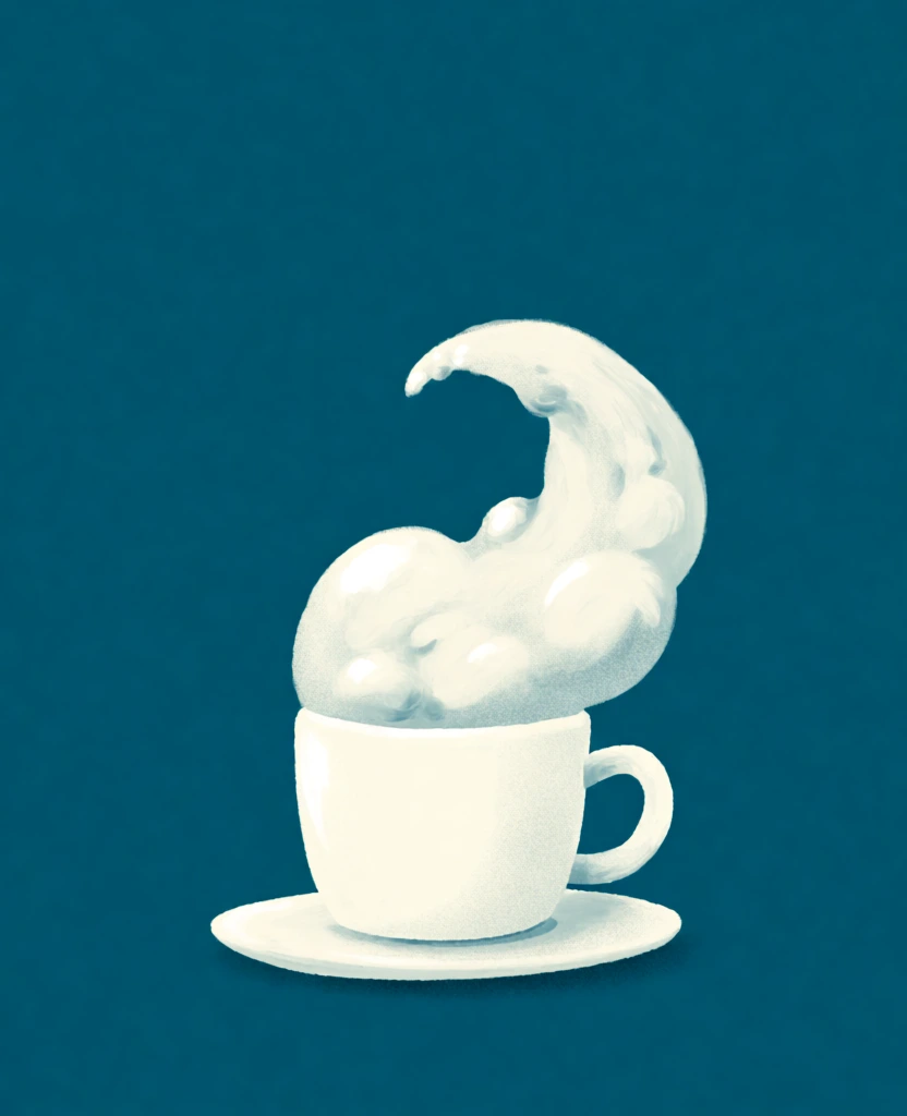 minimalist ceramic mug on a saucer centered against a flat matte deep teal background, foam bubbles forming a voluminous billowing crescent shape, rendered in a painterly illustrative style with visible brushwork and soft stippling, palette of creamy whites and pale blue shadows, diffused top lighting, matte texture with subtle grain, organic silhouettes with soft edges, minimalist composition with extensive negative space in the upper frame
