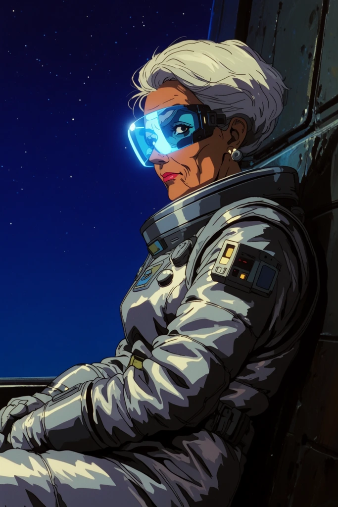 A retro cyberpunk anime cel-shaded illustration of an older female mechanic sitting in profile. She wears a glowing blue visor and a bulky silver space suit, glancing intensely over her shoulder. She leans against a dark metallic bulkhead under a deep blue starry night sky. The composition uses high-contrast dramatic lighting and sharp angular linework typical of vintage sci-fi animation.