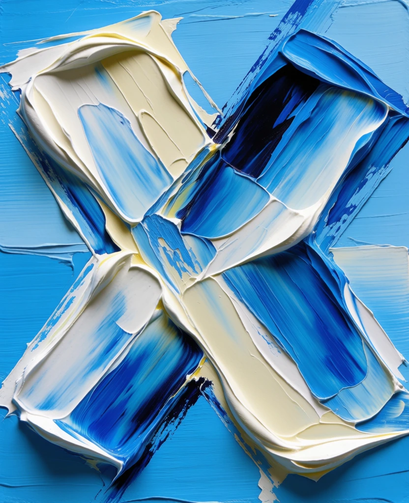 central 'x' mark rendered in heavy impasto oil paint, thick sculptural ridges of cream and cerulean blue, palette knife technique, overlapping geometric shapes built from layered paint, directional brushwork following the contours of the shapes, deep navy shadows within the paint texture, vibrant sky blue background with horizontal strokes, tactile three-dimensional surface, expressive gestural application, side lighting highlighting the physical depth of the medium.