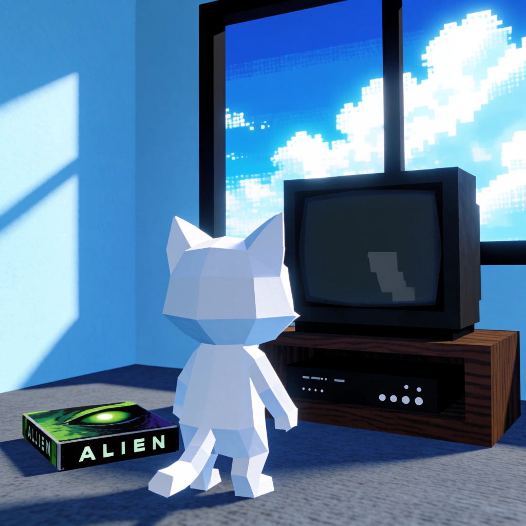 A low-poly, solid white feline character stands with its back to the viewer in a sparsely furnished room, gazing toward a black CRT television. The character is rendered with simple geometric shapes, featuring large pointed ears and a short, slightly curved tail. The television sits atop a dark wood-grain media console that houses a black electronic player with several small white buttons and circular indicator lights. To the left of the cat, an "ALIEN" themed media case rests on the grey-textured floor, featuring a graphic of a green eye and the word "ALIEN" printed in bold, white, capital letters on its side. In the background, a large, black-framed window reveals a brilliant blue sky filled with bright, pixelated white clouds. Strong, direct light from the window casts a geometric shadow of a window frame onto the light blue wall on the left. The image is rendered in an early 3D computer graphic style, characterized by simple textures, sharp-edged polygons, and a bright, saturated color palette of blues and whites. The camera angle is a third-person perspective, positioned behind the character and slightly above the floor level.