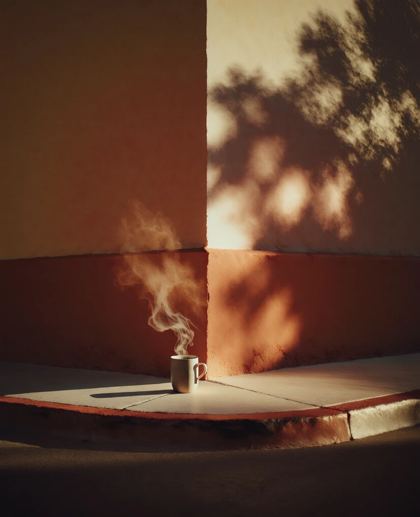 minimalist architectural photography, sharp vertical corner of a building, warm ochre and terracotta palette, cinematic sunlight with dramatic dappled tree shadows, matte ceramic coffee mug near the vertex, delicate wisps of rising steam caught in golden light, high contrast chiaroscuro, clean geometric lines, organic stucco textures, red-edged curb in foreground, sophisticated branding aesthetic, serene minimalist composition, earthy tones, soft morning glow