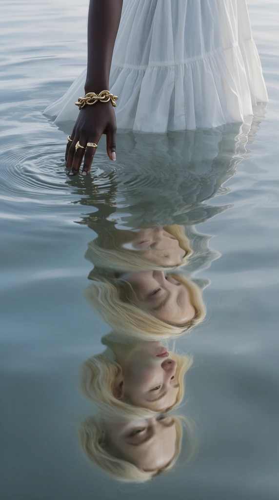 A surreal conceptual photograph of a figure wading waist-deep in calm, grayish-blue water, casting an impossible mismatched reflection. The physical subject, cropped from the chest down, has dark skin and wears a flowing, tiered white dress. Their left hand grazes the water, adorned with a chunky gold chain bracelet and gold rings, sending gentle circular ripples outward. Beneath the surface, the reflection reveals a distinctly different person: a downward-gazing face with blonde hair. The water's gentle undulations fracture this blonde reflection into three vertically stacked, distorted segments. Soft, diffused lighting creates an ethereal atmosphere, highlighting a cool palette of muted blues and stark whites punctuated by bright metallic gold accents.