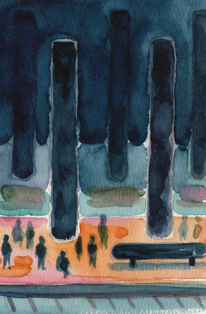 impressionist watercolor painting on heavy-tooth cold-press paper, people waiting on a train station platform, tall monolithic pillars rising into a deep indigo sky, silhouettes rendered with mottled gouache washes and granulated pigment dabs, palette of muted ochre, dusty rose, and teal highlights, soft-focus edge frequency with no hard outlines, high-contrast atmospheric lighting, textural pointillist technique, wet-on-dry layering, surreal and gloomy mood, visible paper grain.