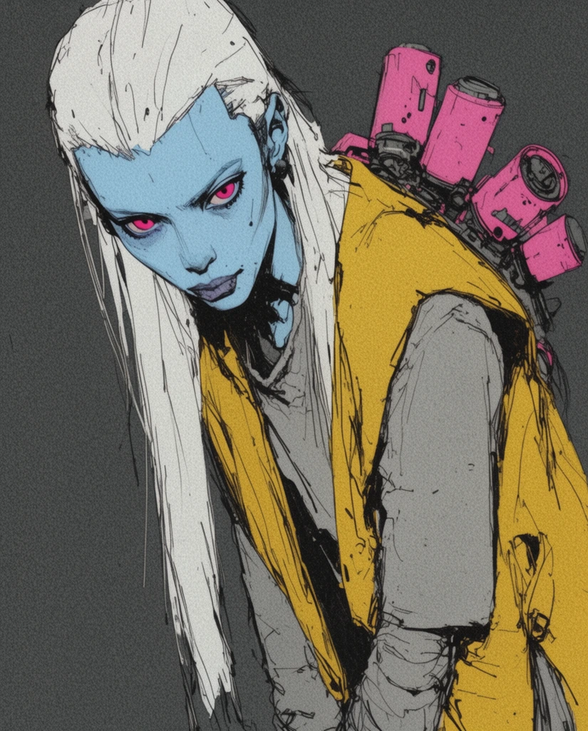 pale blue-skinned sci-fi character, intense pink eyes, long white hair, loose yellow vest over grey shirt, pink mechanical canisters on back, leaning forward, stylized digital illustration, rough black sketch linework, flat muted colors, heavy film grain, gritty cyberpunk aesthetic