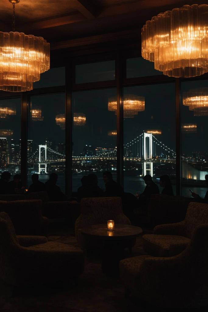 Dimly lit luxury lounge at night, illuminated suspension bridge and glowing city skyline through expansive floor-to-ceiling windows, warm amber tiered fluted glass chandeliers, silhouetted patrons seated near the glass, empty textured armchairs in deep shadow, small table with a glowing candle, window reflections, moody cinematic atmosphere