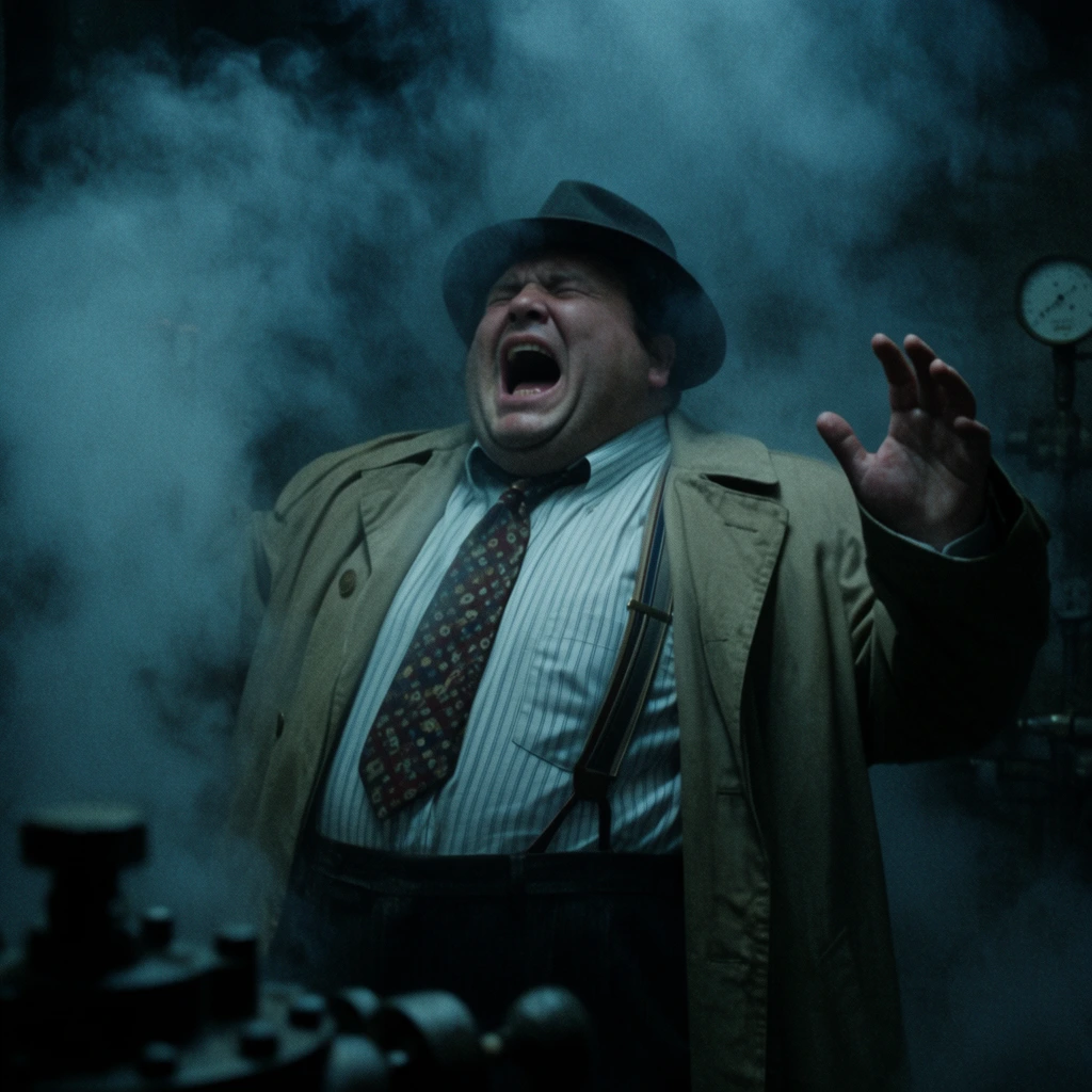 A heavily built man screams in agony, engulfed in thick blue-grey steam. He wears a tan trench coat, striped shirt, suspenders, patterned tie, and dark fedora. His head tilts back with one arm raised defensively. The dense vapor obscures a dark industrial setting featuring a faint pressure gauge and out-of-focus foreground machinery. Cinematic low-key lighting, cool cyan color grading, and heavy film grain define the dramatic composition.