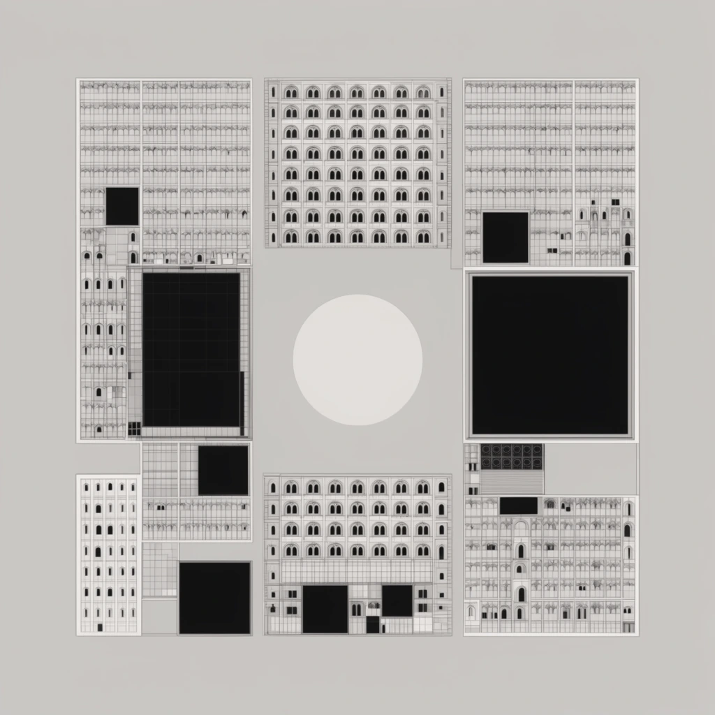 flat architectural elevation, complex geometric structures, monochromatic light grey palette, stark black accents, technical drawing style, intricate grids, repeating arched windows, interconnected rectangular blocks, pale circle in central negative space, large black square voids, minimalist vector aesthetic, orthographic projection, plain background