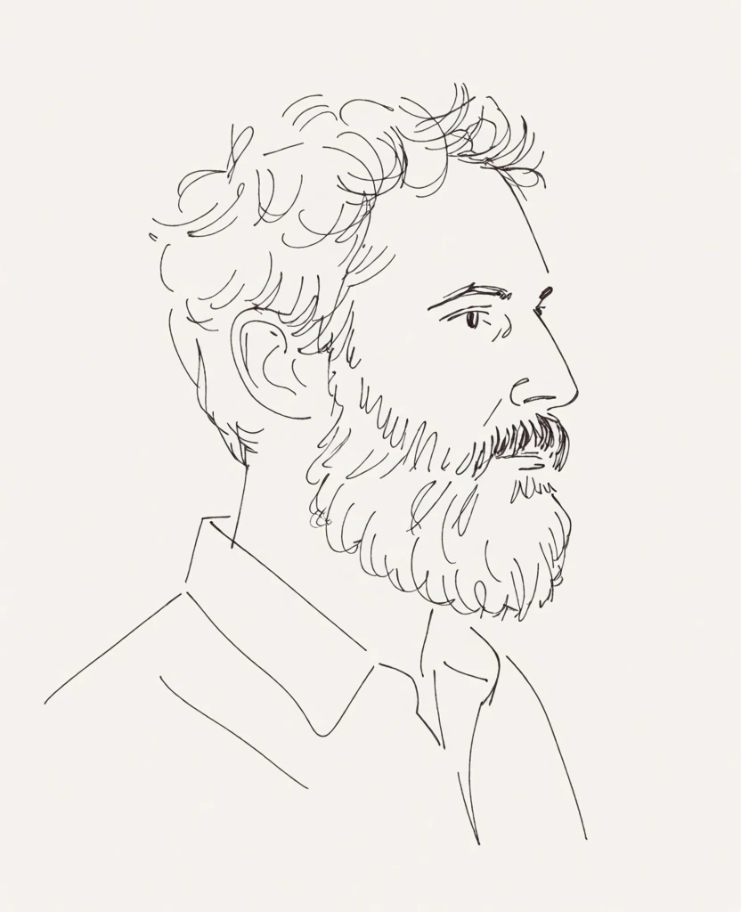 bearded man profile portrait, ink line drawing, minimalist calm vibe