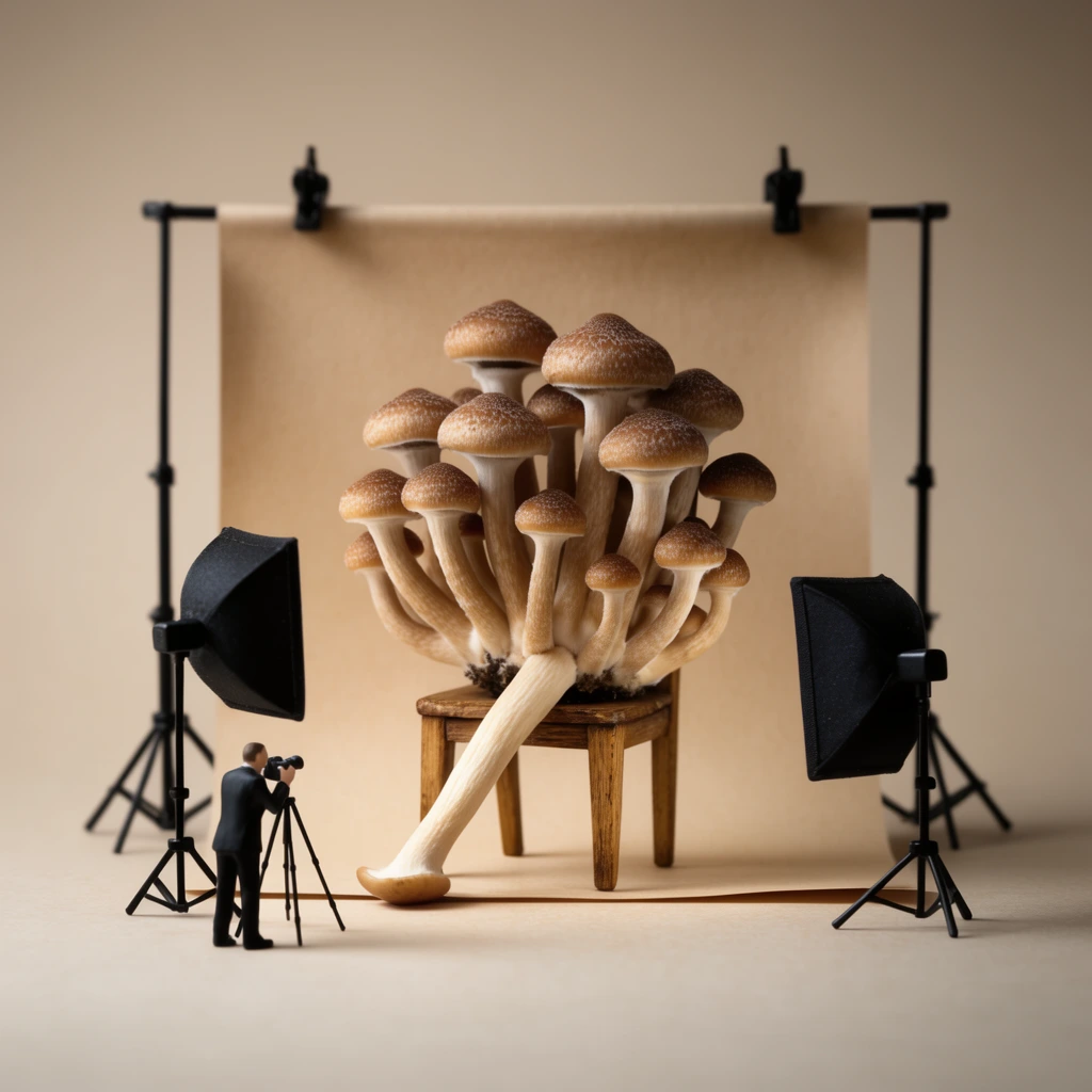 cluster of brown mushrooms seated on a miniature wooden chair, one stem extended like a human leg, miniature photography studio diorama, tan paper backdrop on black stands, two black softbox lights on tripods illuminating the fungi, tiny photographer figure in a black suit operating a tripod camera, surreal macro still life, soft warm lighting, beige and brown palette