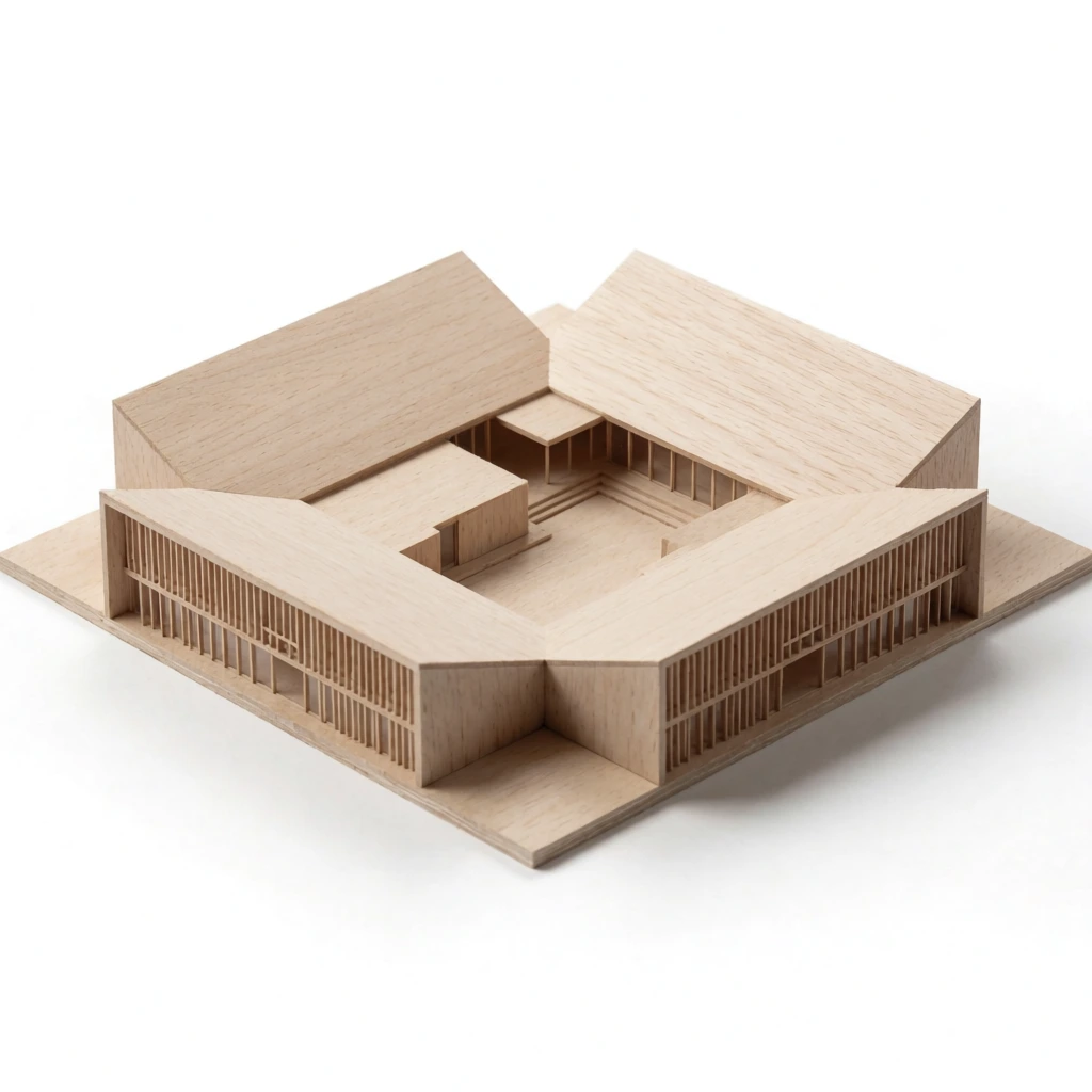 A symmetrical light wood architectural model rests on a seamless white background. Four building sections enclose a central courtyard with a geometric cutout. Slanted roofs and rear walls feature intricate vertical wood slats. Soft diffused lighting emphasizes crisp lines and natural grain from a high-angle isometric perspective.