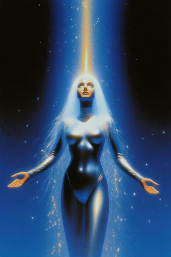 Celestial Chiaroscuro Mysticism style reference image — grainy airbrush texture