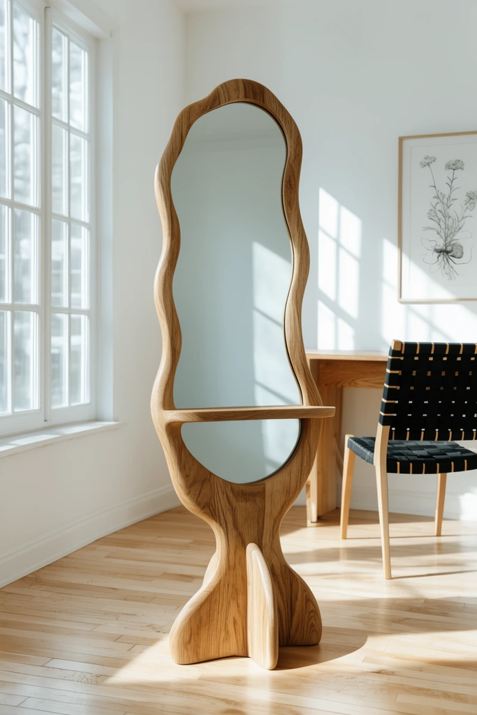 An organically shaped standing mirror framed in wavy wood with an integrated shelf and fin-like base supports rests on a light hardwood floor. Strong sunlight from a multi-paned window casts geometric shadows across the minimalist white room, revealing a background wooden desk, a black woven-strap chair, and a framed botanical drawing.