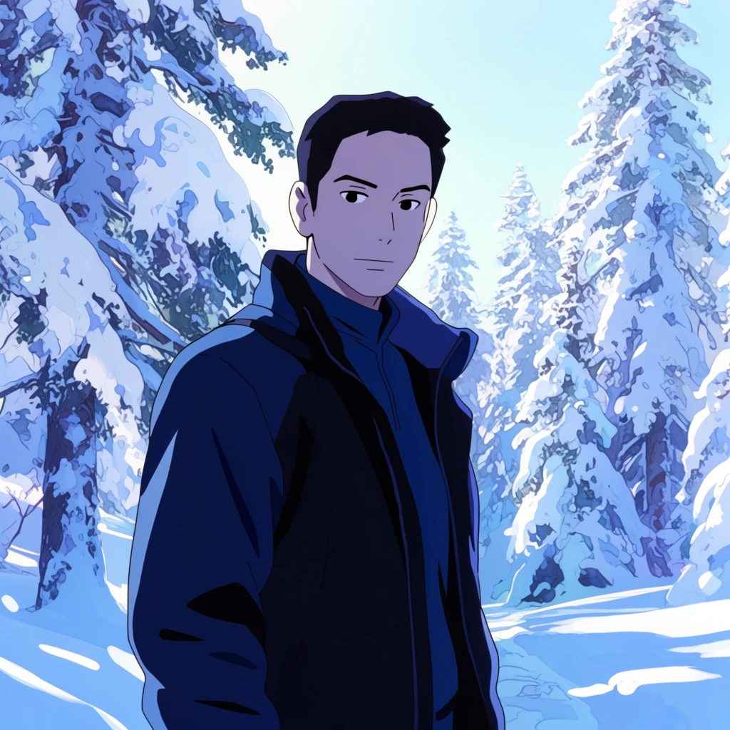 A 2D anime-style digital illustration of a man standing amidst a snowy forest, characterized by crisp cel-shading and a vibrant, cool-toned color palette. The man, rendered with stylized anime proportions, wears winter clothing defined by bold, varying line weights in deep navy and black. He is positioned in the foreground, surrounded by tall pine trees heavily coated in thick, stylized mounds of white snow. The environment and the figure are illustrated using flat, solid color fills with distinct, hard-edged boundaries between light and shadow, typical of high-quality anime cel-shading. The color scheme is dominated by frosty blues, crisp whites, and pale, luminous tones. The line art is clean and precise, creating vector-like edges that vividly separate the subject from the bright, simplified winter background. Bright, high-contrast highlights enhance the frosty atmosphere, maintaining a remarkably clean, flat-shaded aesthetic throughout the composition.