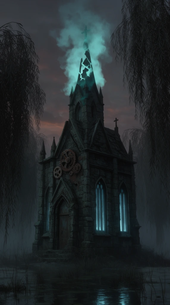 central gothic stone chapel in a gloomy swamp, bright teal smoke rising from a fractured steeple, rusted clockwork gear on the side wall, cold cyan light glowing from narrow arched windows, framed by dark silhouettes of weeping willows, moody twilight sky, dark fantasy cinematic lighting, eerie aesthetic