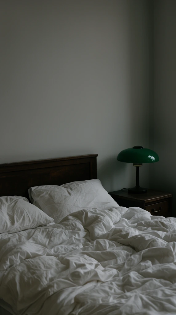 An unmade bed with heavily rumpled white linens and pillows rests against a dark wooden headboard in a minimalist room. Beside it, a dark wood nightstand holds a vintage mushroom-shaped lamp with a deep green shade and black stem. Soft, diffused light lightly illuminates the flat matte gray walls, creating a cinematic, moody atmosphere with a subdued color palette and quiet shadows.