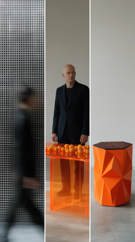 A minimalist triptych. The left panel shows a tall metallic grid screen and a blurred passing dark figure. The center features a bald man in a dark suit beside a translucent orange acrylic table holding scattered round orange fruits. The right panel displays a bright orange geometric stool with deeply faceted angular sides and a dark patterned top on a concrete floor.