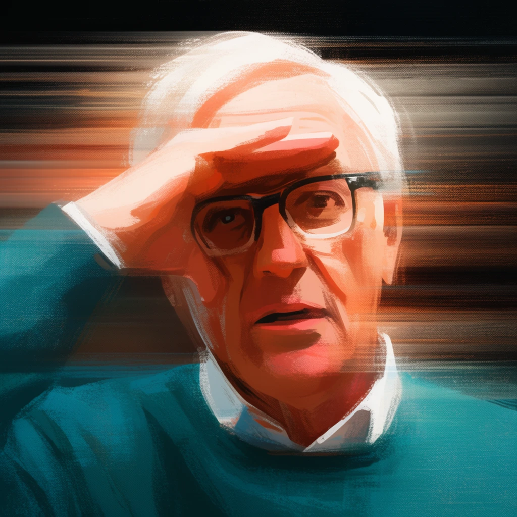 older man with white hair and glasses raising hand to forehead, teal sweater, intense horizontal motion blur, smeared digital painting, visible canvas texture, dark streaked background