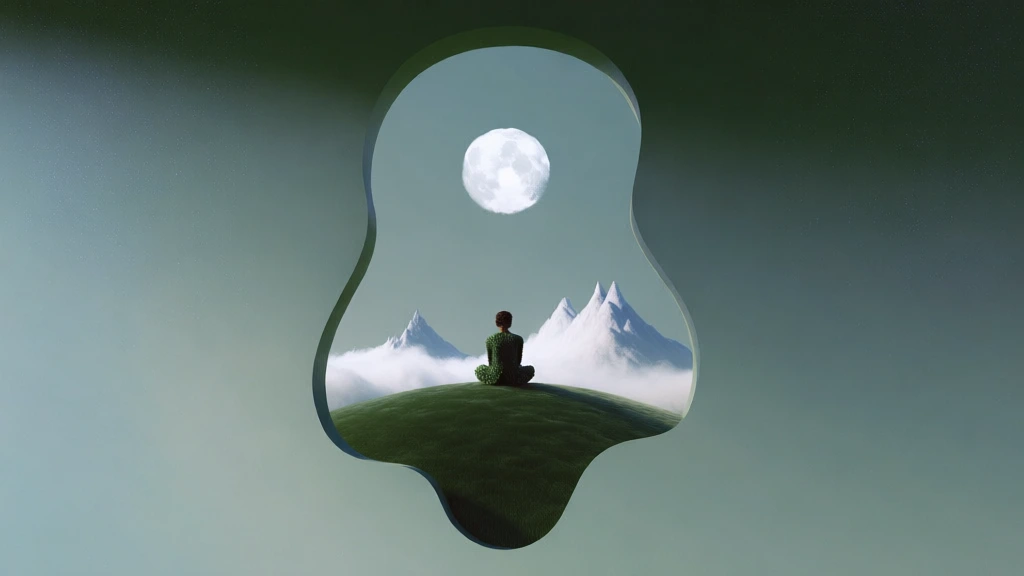 central irregular dripping-shaped window revealing a figure sitting cross-legged on a rounded velvety mound, sharp pointed mountains and a high-key circular moon in a hazy teal sky, interior scene rendered with soft diffused lighting and smooth gradients, window set against a deep midnight field with subtle cosmic grain, large lowercase 'flot' typography in a minimalist sans-serif with a slender decorative rule beneath, hyper-clean surrealist aesthetic, muted desaturated palette, cgi.