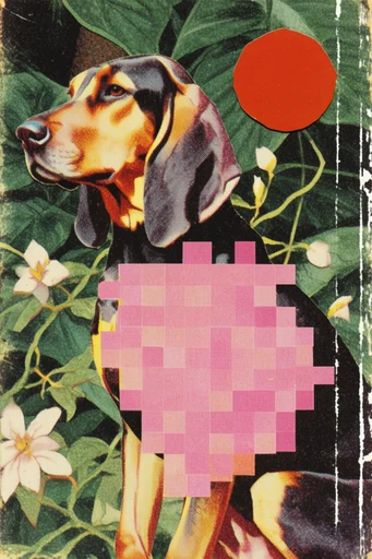 Glitch Botanical Synthesis style reference image — mixed-media collage