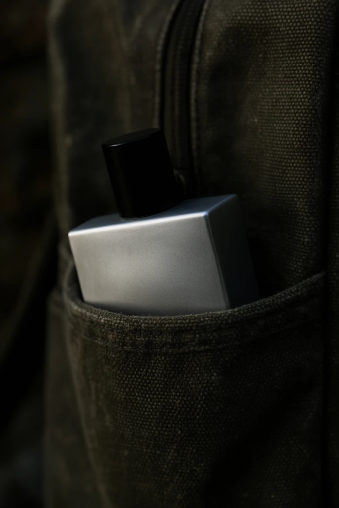 matte silver rectangular fragrance bottle with a black cap, tucked inside a coarse dark olive canvas bag pocket, moody low-key lighting, shallow depth of field, blurred background