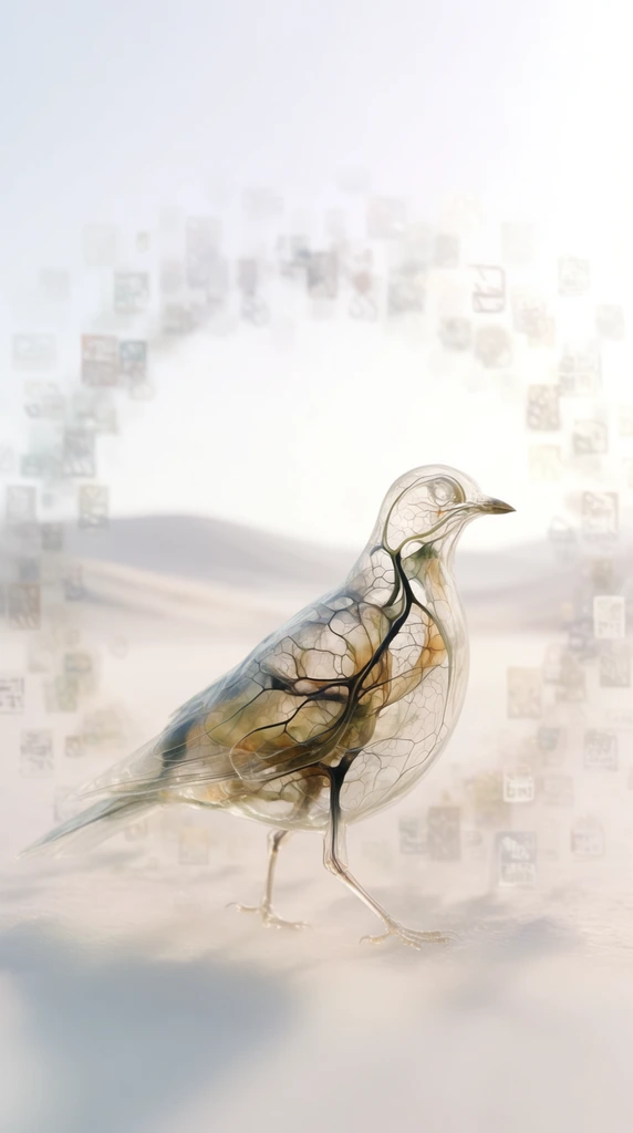 A translucent, intricately veined bird walks across the center foreground of a luminous, high-key minimalist desert landscape. The bird features a glassy, transparent exterior revealing delicate, dark-lined cellular networks and biomorphic structural lines in shades of pale amber, olive, and stark charcoal. Surrounding the bird and radiating outwards is a large circular formation of scattered rectangular shapes, appearing as faint, heavily blurred, watermark-like translucent overlays embedded in the glowing environment. Behind the bird, an extremely shallow depth of field softens the ground as it extends into subtle, ethereal rolling hills. The distant hills fade rapidly into an overexposed, pure white sky. Bathed in bright, diffused, blown-out backlighting, the scene exhibits a photorealistic macro-photography aesthetic, contrasting the crisp, hyper-detailed focal point of the translucent bird against the airy, dreamlike white void of its surroundings.