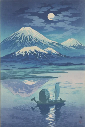 Ethereal Indigo Woodblock style reference image — shin-hanga style