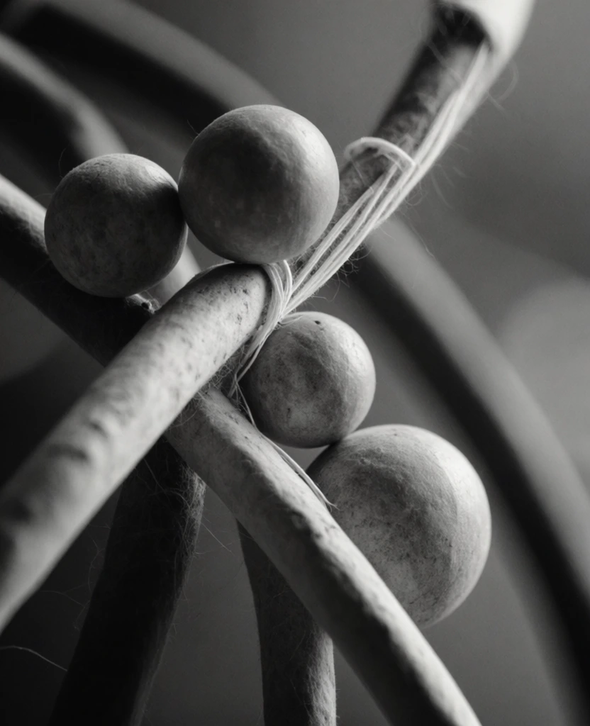 ultra-detailed black and white macro photograph, minimalist composition, dramatic side-lit lighting, organic tubular structures intricately intertwining with smooth small spheres, high contrast monochrome palette, deep blacks and luminous whites, tactile textures resembling natural fibers and weathered stone, shallow depth of field, soft atmospheric bokeh, moody aesthetic, film-like grain, sharp focus on the physical contact between the geometric tubes and rounded spheres.