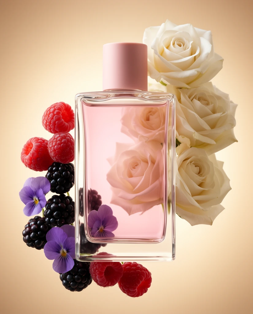 A clear rectangular glass bottle with a matte pale pink cylindrical cap floats centrally against a luminous warm beige gradient background. An elegant, gravity-defying arrangement of botanical elements surrounds the pristine glass. A vertical cluster of creamy-white roses frames the right side, their overlapping petals softly refracting through the pale pink liquid inside the container. Vibrant red raspberries and dark blackberries hover on the left and bottom edges, contrasting with delicate purple pansies clustered near the lower left. Soft, diffused lighting highlights the velvety texture of the berries, the crisp edges of the glass, and the luxurious aesthetic of this floating still-life composition.